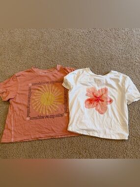American Eagle Coral Sun Graphic Tee and White Hibiscus Top - Set of 2
